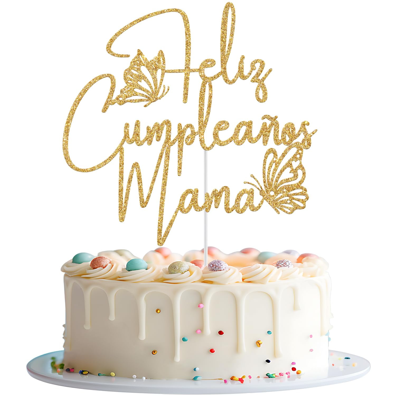 Gold Glitter Feliz Cumpleaños Mamá Cake Topper - Happy Birthday Mom Cake Decorations, Mother's Day, Party Decor