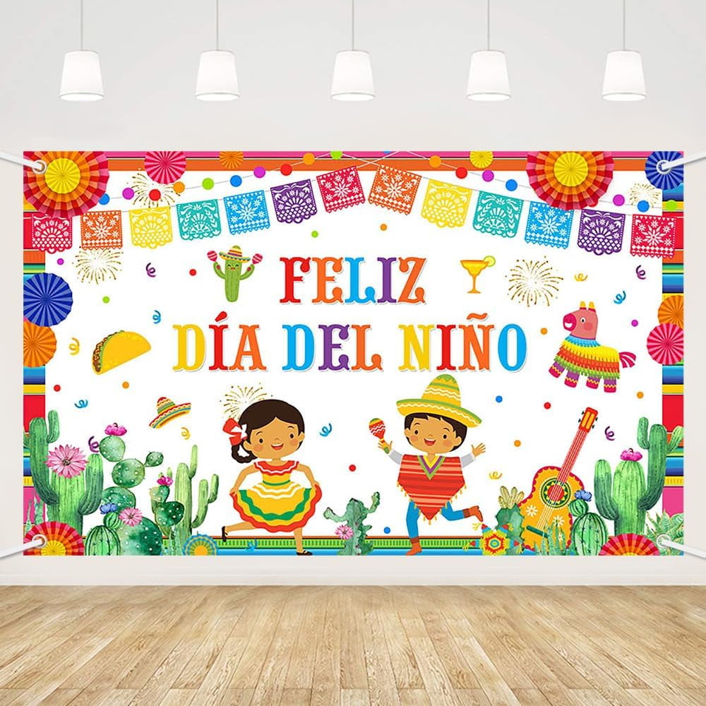 Feliz Día Del Niño Backdrop 72x45 Inches - Mexican Children's Day Party Decor, Fabric Banner With Papel Picado Design