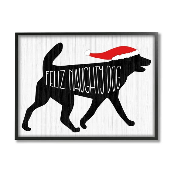 Feliz Naughty Dog Funny Pet Holiday Graphic Art Black Framed Art Print Wall Art
