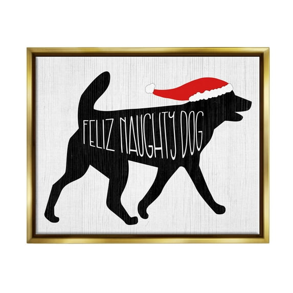 Feliz Naughty Dog Funny Pet Holiday Graphic Art Metallic Gold Framed Art Print Wall Art