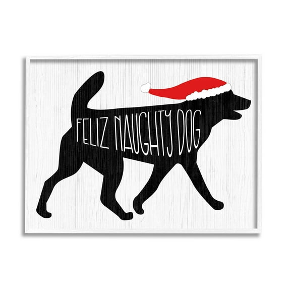 Feliz Naughty Dog Funny Pet Holiday Graphic Art White Framed Art Print Wall Art