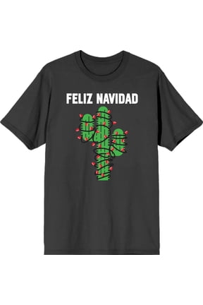 Feliz Navidad Christmas Cactus Adult Charcoal Crew Neck Short Sleeve Tee-XL
