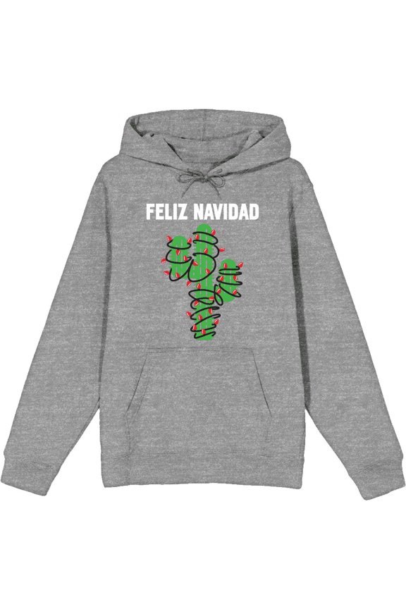Feliz Navidad Christmas Cactus Adult Heather Gray Long Sleeve Hoodie-XXL