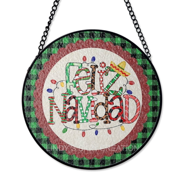 Feliz Navidad Christmas Window Hanging - UV Printed Glass, Round Stained Glass Style, Spanish Holiday Greeting Decor, Festive Home Accent, Holiday Gift