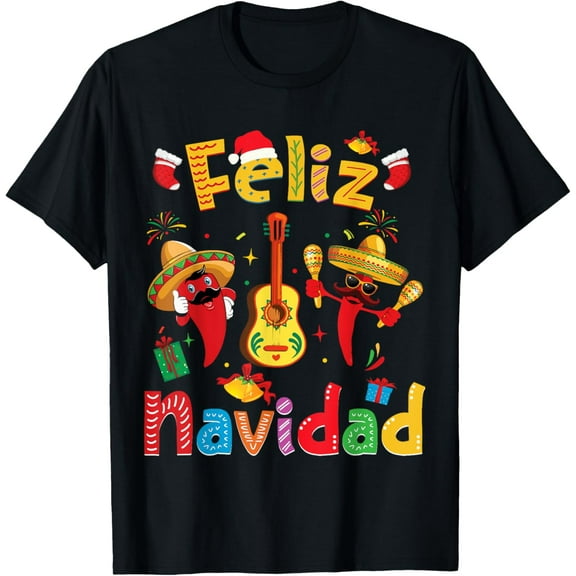 Feliz Navidad Mexican Fiesta Hot Pepper Guitar Xmas Party T-Shirt
