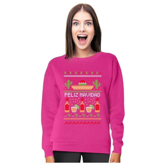 Feliz Navidad Mexican Ugly Christmas Sweater Funny Xmas Women Sweatshirt X-Large Pink