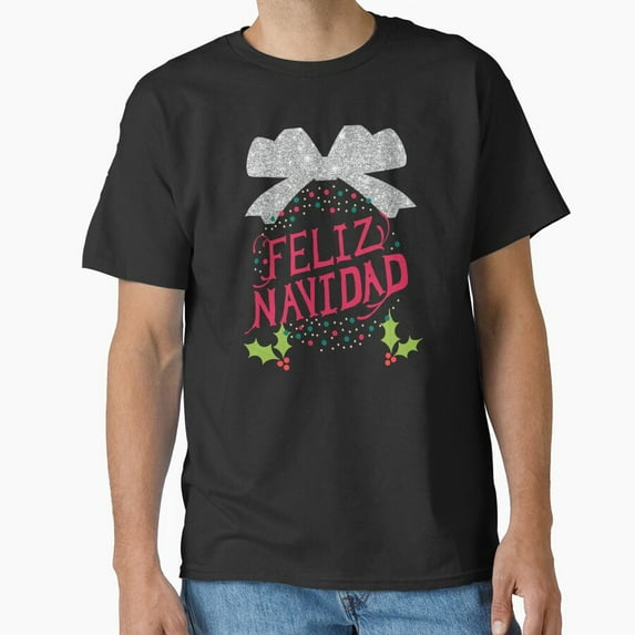 Feliz Navidad Ornament Wreath Silver Bow Holiday Art Unisex T-Shirt, up to size 5XL