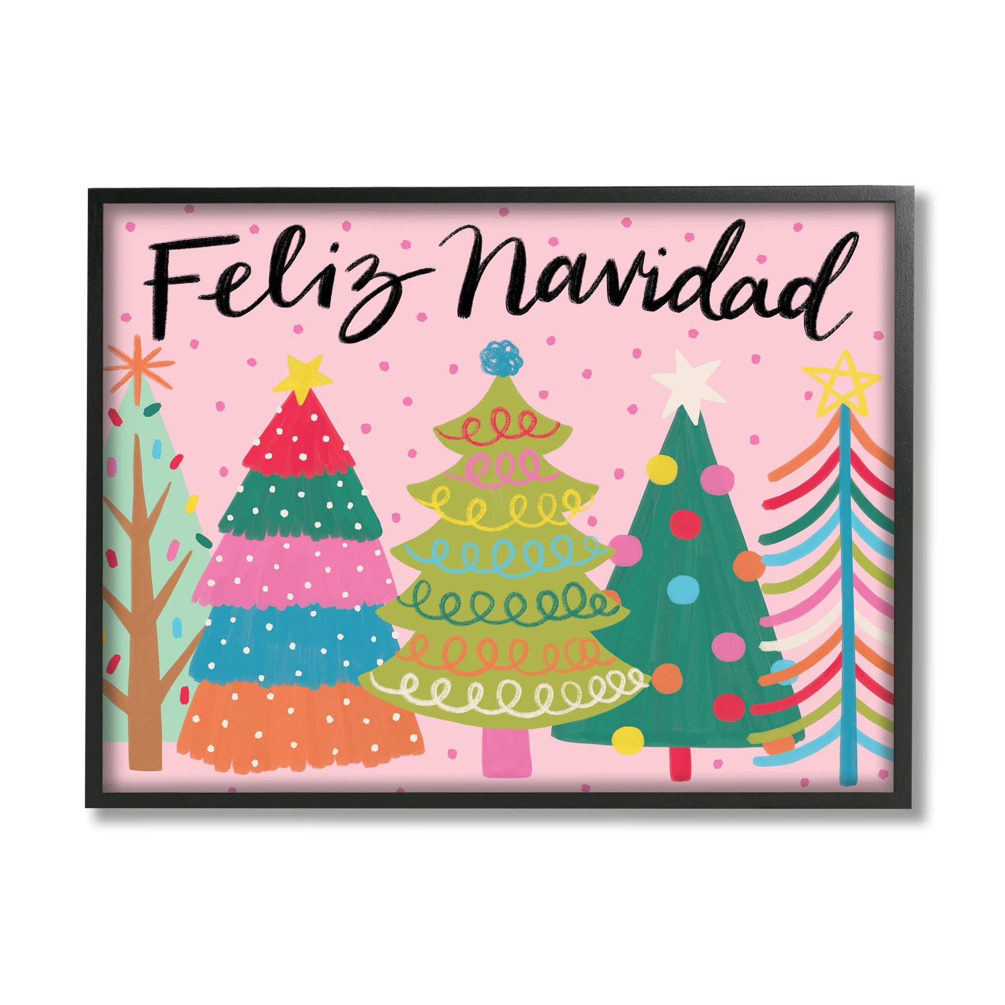 Feliz Navidad Whimsical Patterned Christmas Trees Ornaments Botanical & Floral Graphic Art Framed Art Print Wall Art