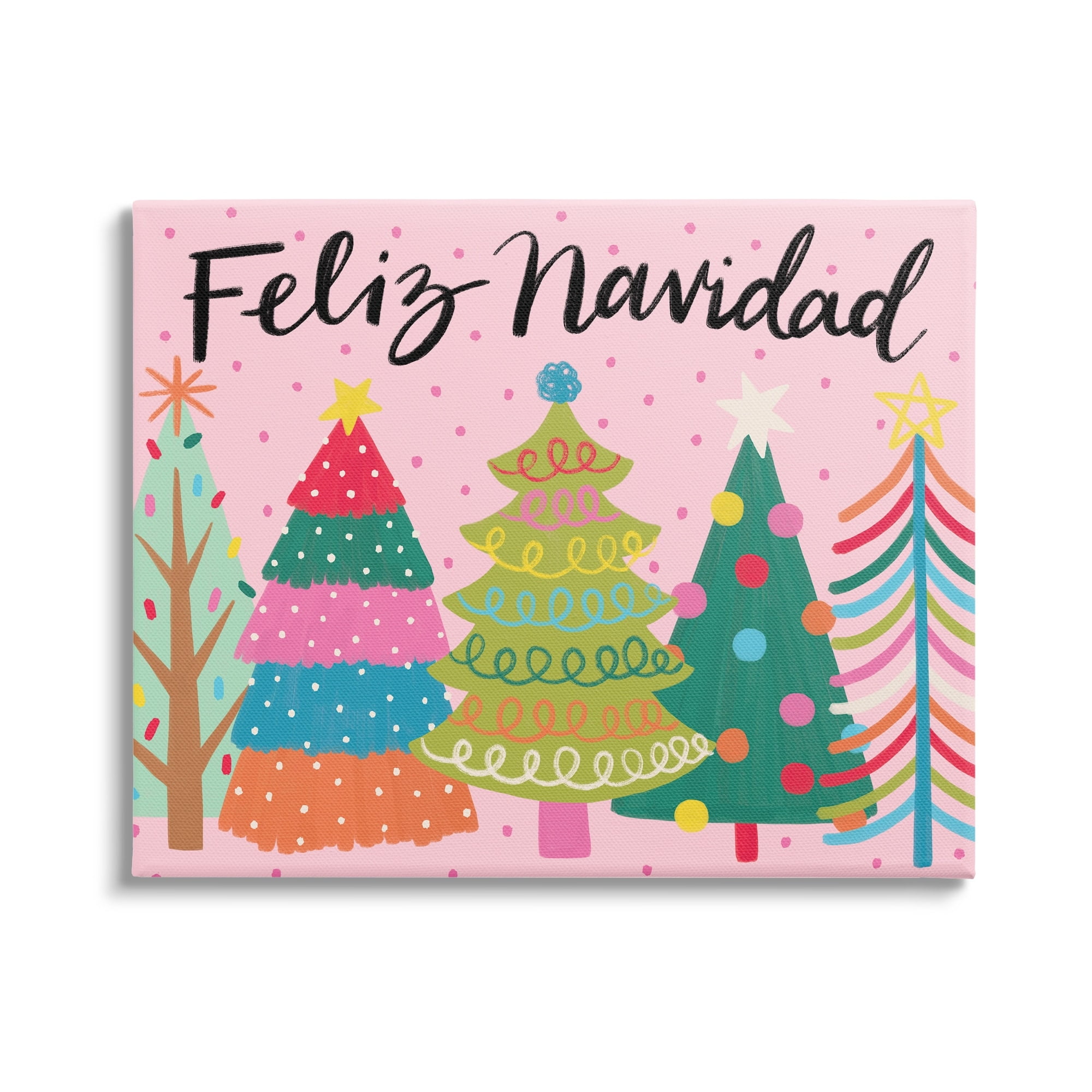 Feliz Navidad Whimsical Patterned Christmas Trees Canvas Art