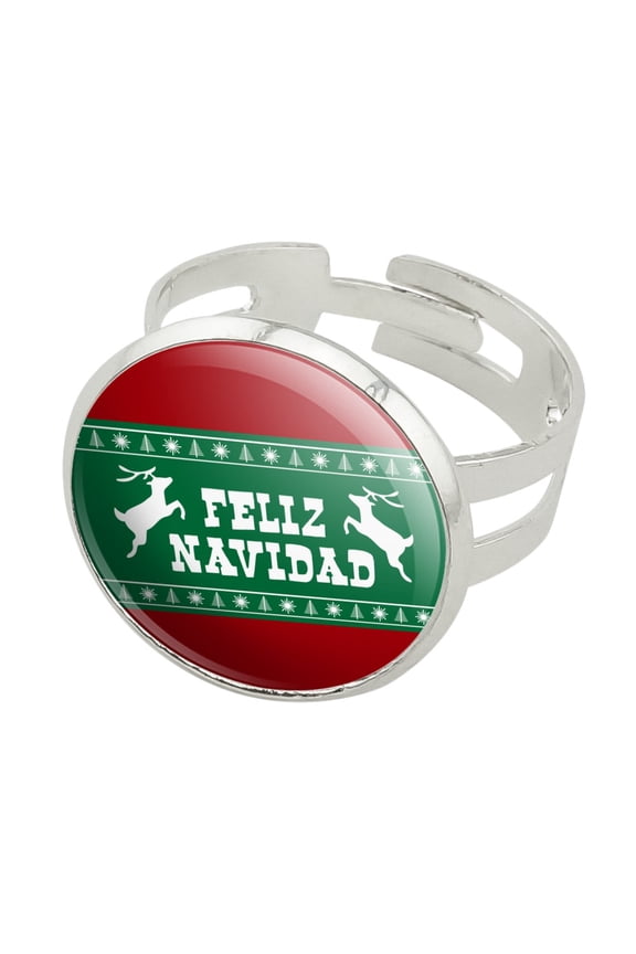 Feliz Navidad with Deer Merry Christmas Silver Plated Adjustable Novelty Ring