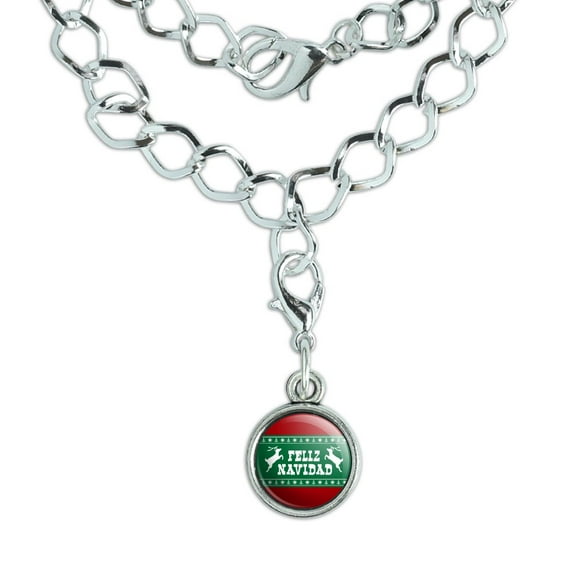 Feliz Navidad with Deer Merry Christmas Silver Plated Bracelet with Antiqued Charm