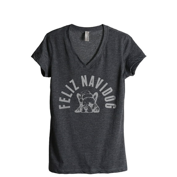 Feliz Navidog Women's Fashion Relaxed V-Neck T-Shirt Tee Charcoal Grey Large