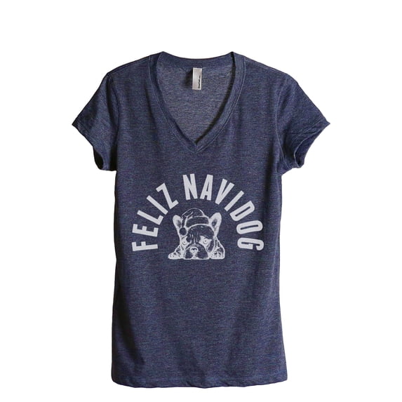 Feliz Navidog Women's Fashion Relaxed V-Neck T-Shirt Tee Heather Navy X-Large