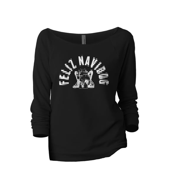 Feliz Navidog Women's Fashion Slouchy 3/4 Sleeves Raglan Lightweight Sweatshirt Black X-Large
