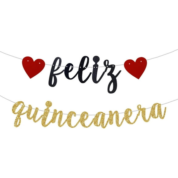Feliz Quinceanera Banner, Black & Gold Glitter Happy Quinceanera/Princesa De Quince/Mis Quince 15, Spanish 15th Birthday PartyParty Decoration Supplies.