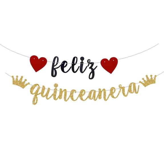 Feliz Quinceanera Banner Happy Quinceanera/Princesa De Quince/Mis Quince 15, Spanish 15th Birthday PartyParty Decoration Supplies Gold Black (Pre-Strung)