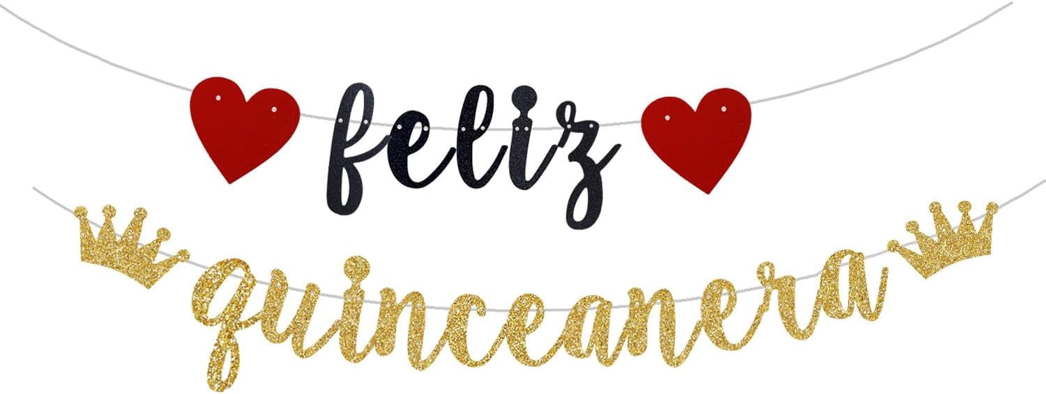 Feliz Quinceanera Banner Happy Quinceanera/Princesa De Quince/Mis Quince 15, Spanish 15th Birthday PartyParty Decoration Supplies Gold Black (Pre-Strung)