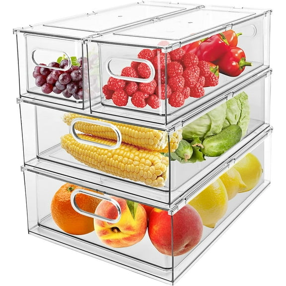 Felizhouse 4 Pack Refrigerator Organizer Bins with Pull-out Drawer Stackable Clear Fridge Drawer Organizer Fruit Vegetable Storage Containers for Kitchen Pantry Organization (2 Large+2 Small)