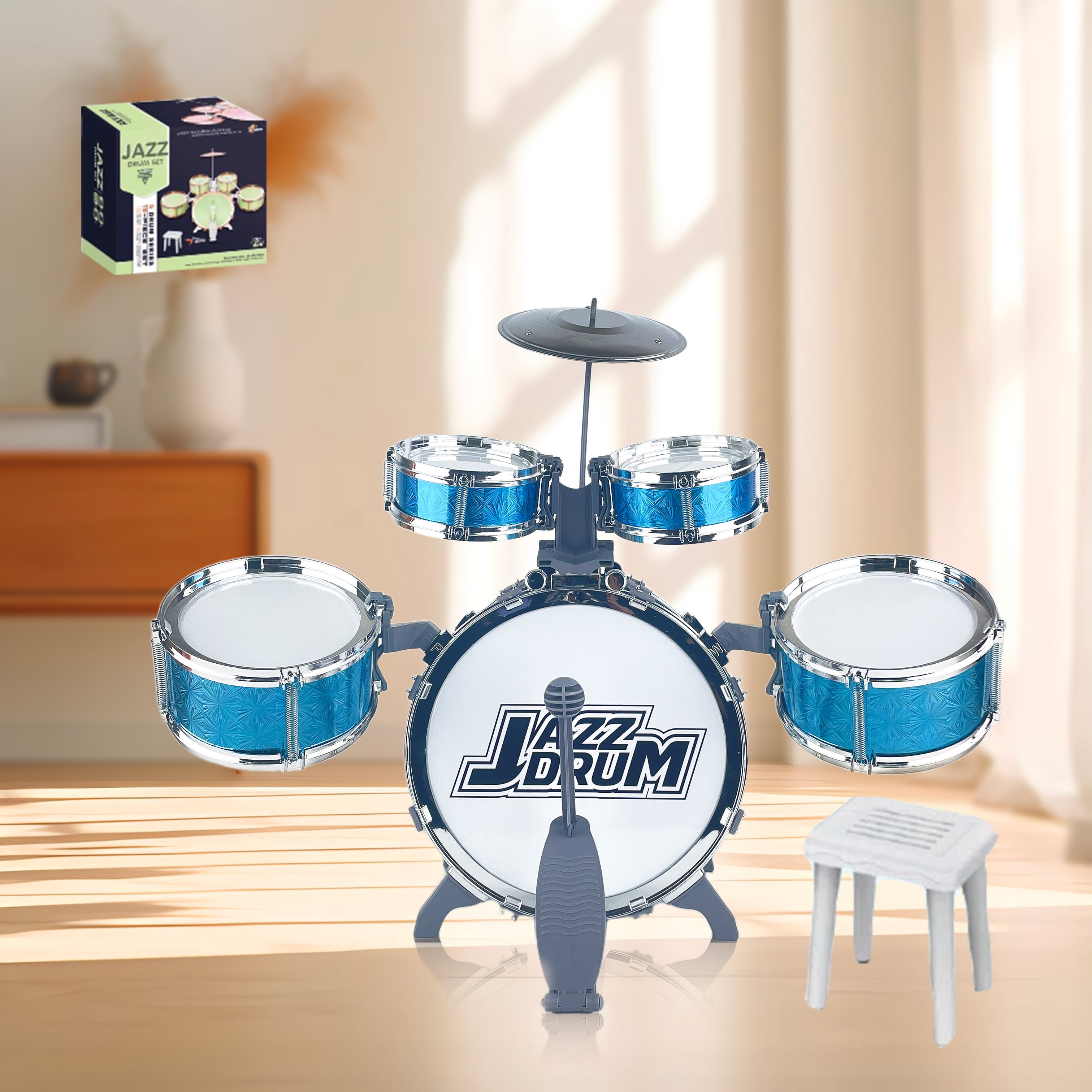 Felizhus kids drum set with stool and pedal - beginner jazz drum kit for boys and girls ages 3-8 - musical toy for birthday, christmas or children's day