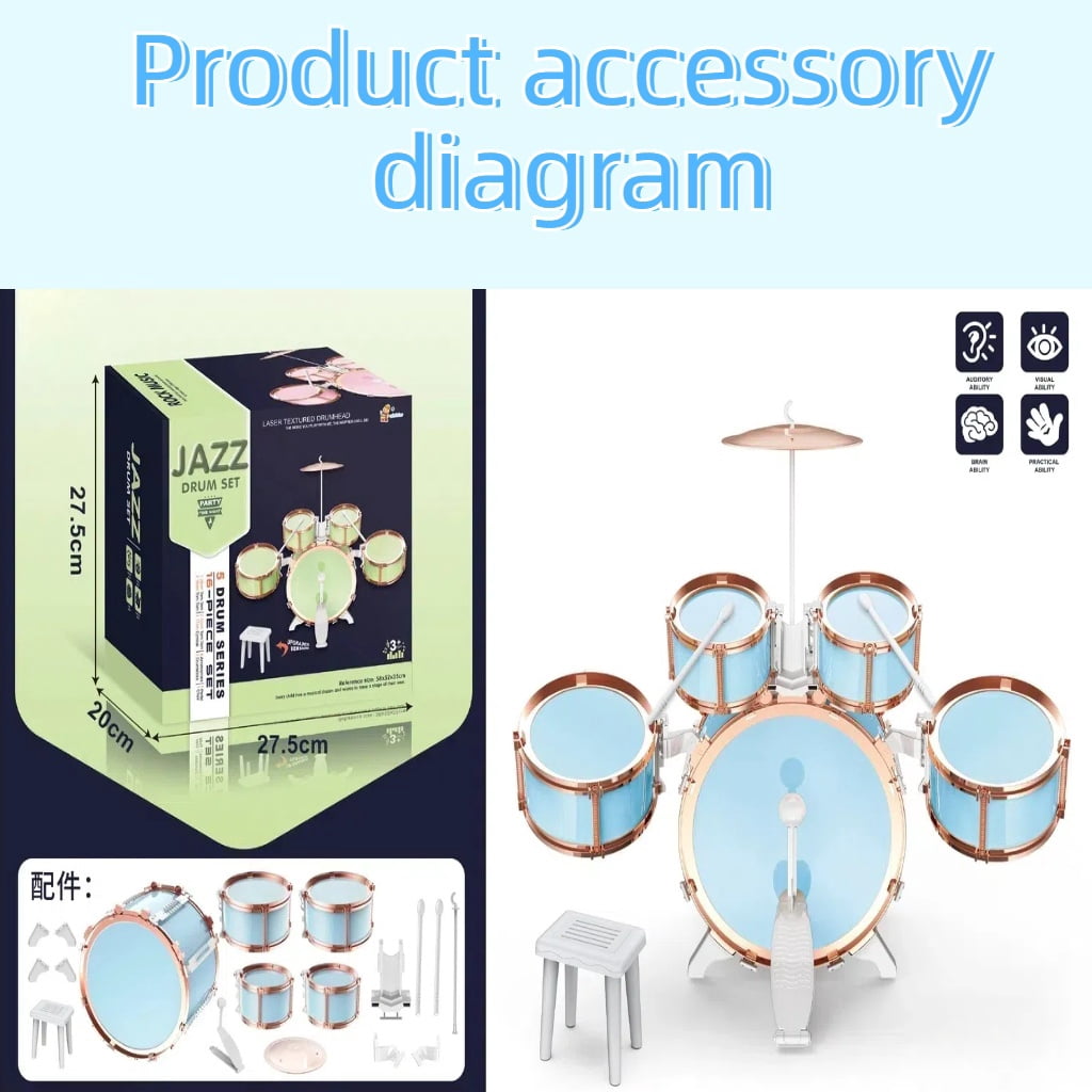 Felizhus kids drum set with stool and pedal - beginner jazz drum kit for boys and girls ages 3-8 - musical toy for birthday, christmas or children's day