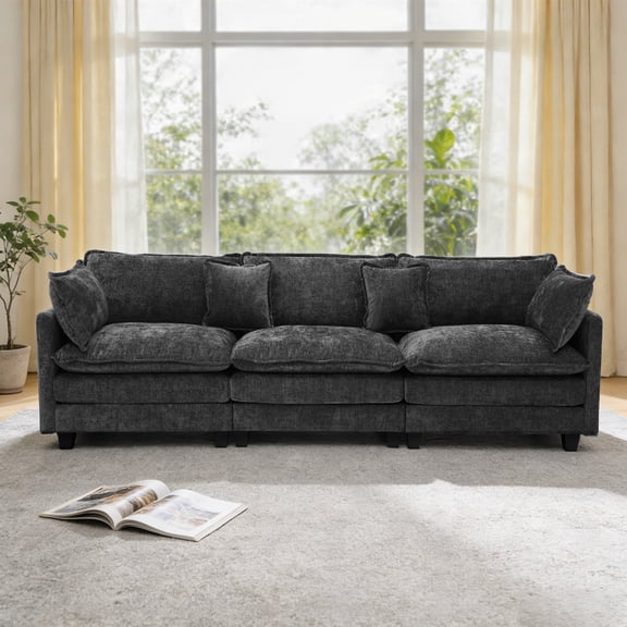 Felizpace 113" Modular Sectional Sofa, 3-Seater Cloud Couch with Extra Thicked Deep Seat, Chenille Upholstered Sofa for Living Room, Black