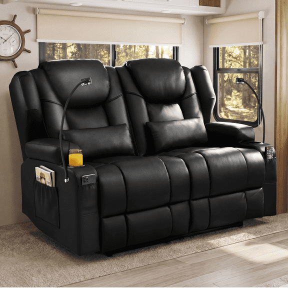 Felizpace Manual Pull Loveseat Recliner Sofa with Massage and Heat, Reclining Loveseat, RV Couch Home Theater Seating with LED Lights for Living Room, Black