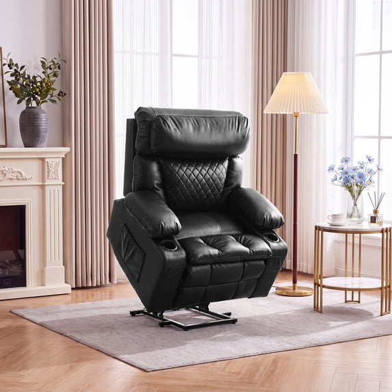 Felizpace Oversized Power Lift Recliner Chairs for Elderly with Heat and Massage, Dual Motor Infinite Position Recliner, Headrest Adjustment & Hidden Storage, Breathable Leather, Black