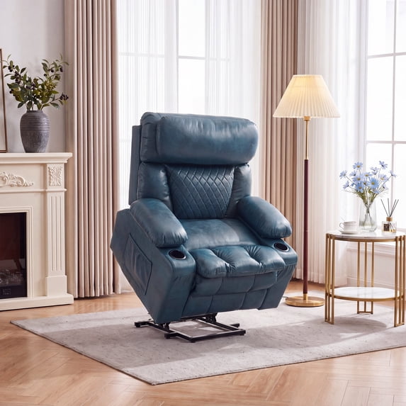 Felizpace Oversized Power Lift Recliner Chairs for Elderly with Heat and Massage, Dual Motor Infinite Position Recliner, Headrest Adjustment & Hidden Storage, Leathaire, Teal Blue