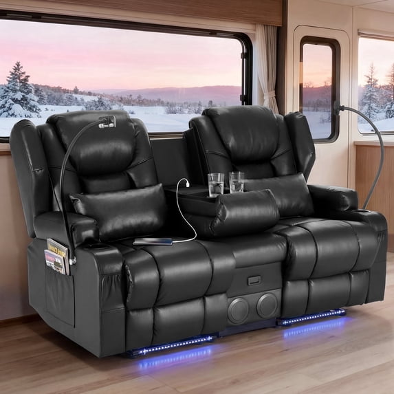 Felizpace Power Loveseat Recliner Sofa with Massage and Heat, Reclining Loveseat with Console, RV Couch Home Theater Seating with LED Lights for Living Room, Black