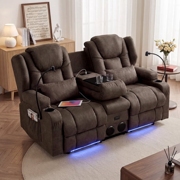 Felizpace Power Loveseat Recliner Sofa with Massage and Heat, Reclining Loveseat with Console, RV Couch Home Theater Seating with LED Lights for Living Room, Coffee Brown