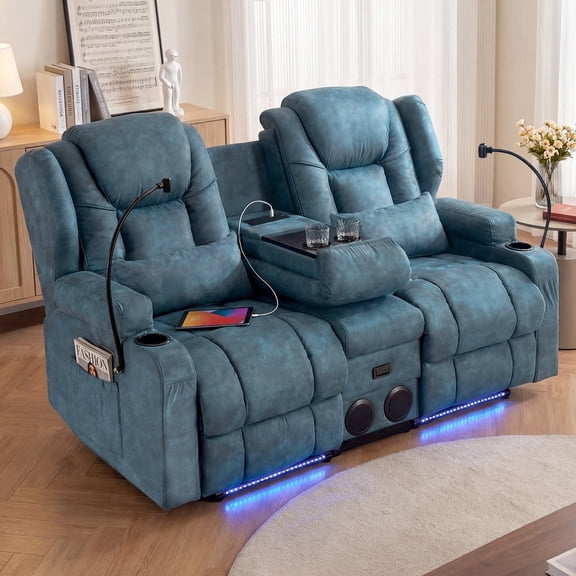 Felizpace Power Loveseat Recliner Sofa with Massage and Heat, Reclining Loveseat with Console, RV Couch Home Theater Seating with LED Lights for Living Room, Navy Blue