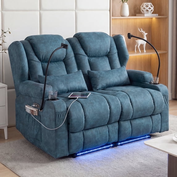 Felizpace Power Loveseat Recliner Sofa with Massage and Heat, Reclining Loveseat, RV Couch Home Theater Seating with LED Lights for Living Room, Navy Blue