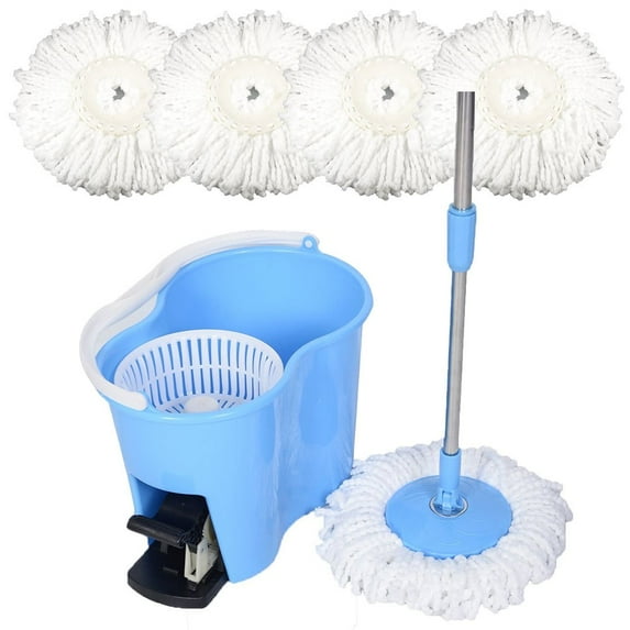 Felji Microfiber Spin Mop Easy Floor Mop with Bucket and 4 Mop Heads - 360 Rotating Head, Blue