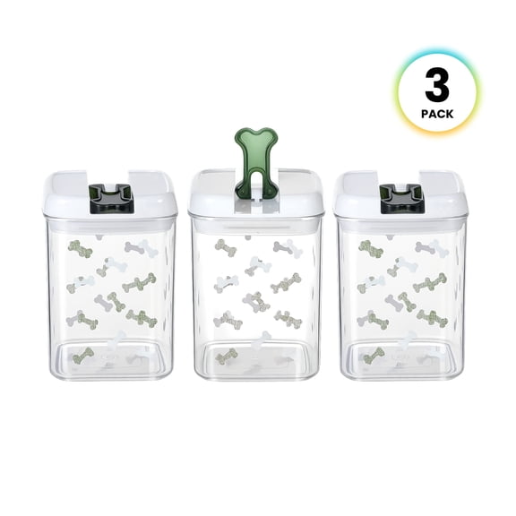 Felli Pet Flip-Tite Airtight 3-Piece Dog Food Storage Canister Set with Bone Decal Patterns, Green, 1.7 L Capacity (3 Pack)