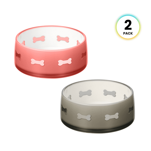 Felli Double-Wall Bone Accent Design Pet Food & Water Bowl Set, Non-Slip Base, for Pets, Blush & Smoke Grey (2 Pack)