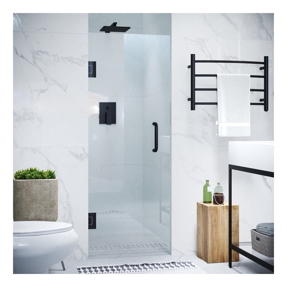 Fellow Series 24 in. x 70 in. H Hinged Frameless Shower Door in Matte Black with Tsunami Guard Tempered Glass