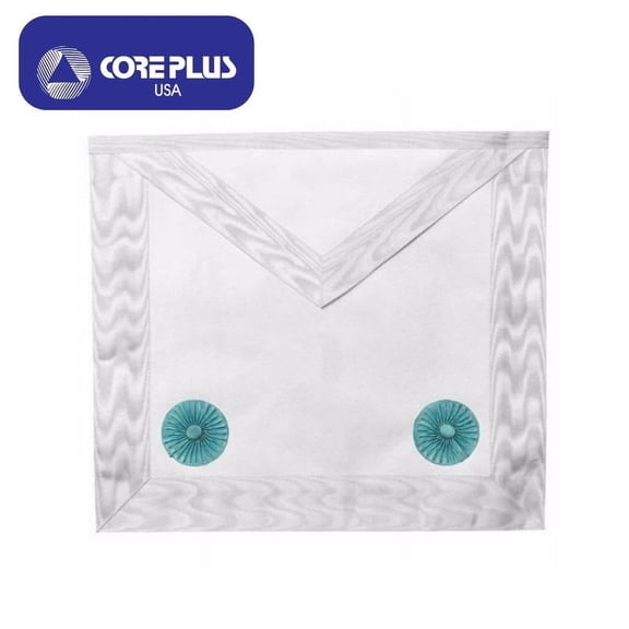 Fellowcraft Blue Lodge Apron - All White Moire with Two Turquoise Rosettes, Adjustable Belt with Silver-Plated Snake Fitting, Rear Pocket, Available in Lambskin & Imitation Leather