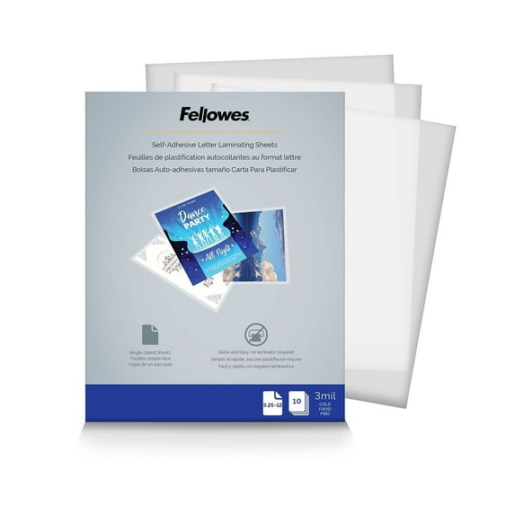 Fellowes, FEL5221501, Self-adhesive Letter 3mil Laminating Sheets, 10 / Pack, Clear