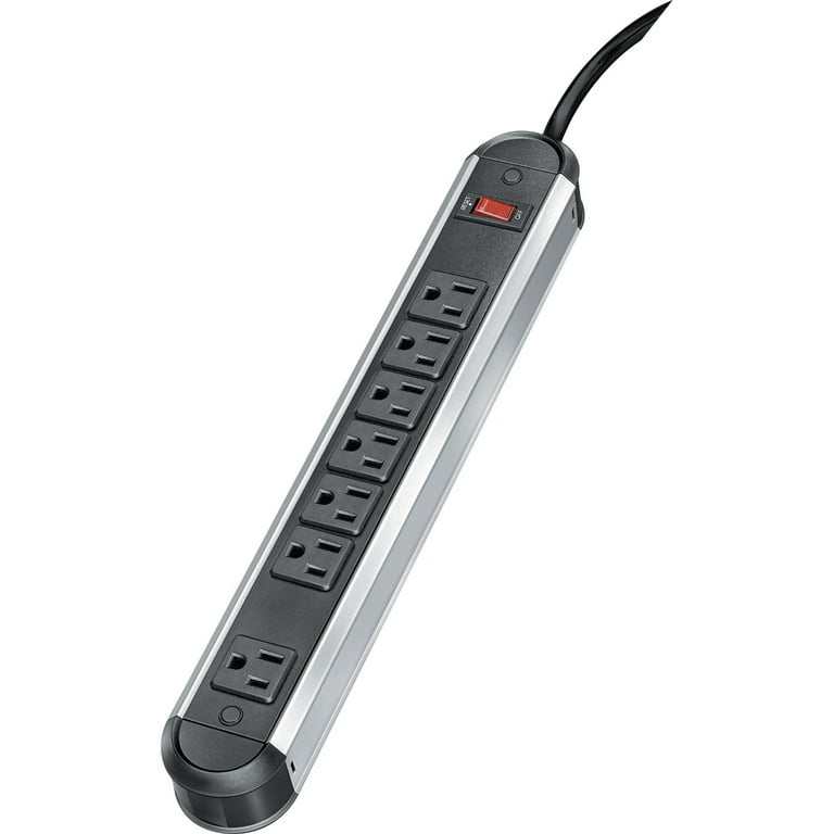 Metal Power Strip, 7 Outlets, 12 ft Cord, Black/Silver Metal Power Strip, 7 Outlets, 12 ft Cord, Black/Silver