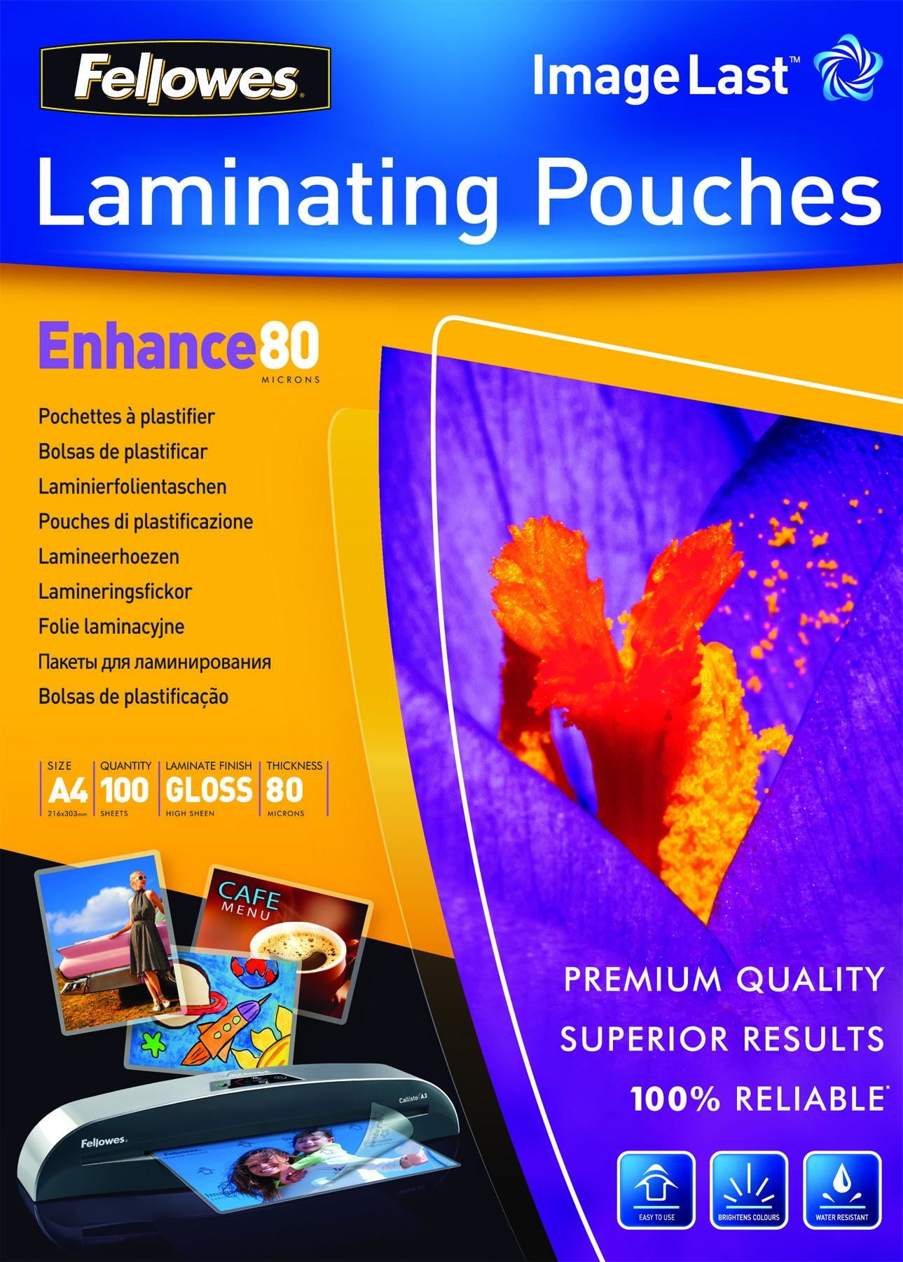 Fellowes A4 Laminating Pouches - Gloss Finish - 100 Sheets - 160 Micron (2  x 80 Micron) High Quality Finish with Image Last Directional Quality Mark 