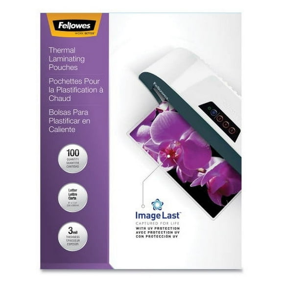 Fellowes ImageLast Laminating Pouches with UV Protection, 3 mil, 9" x 11.5", Clear, 100/Pack, Each