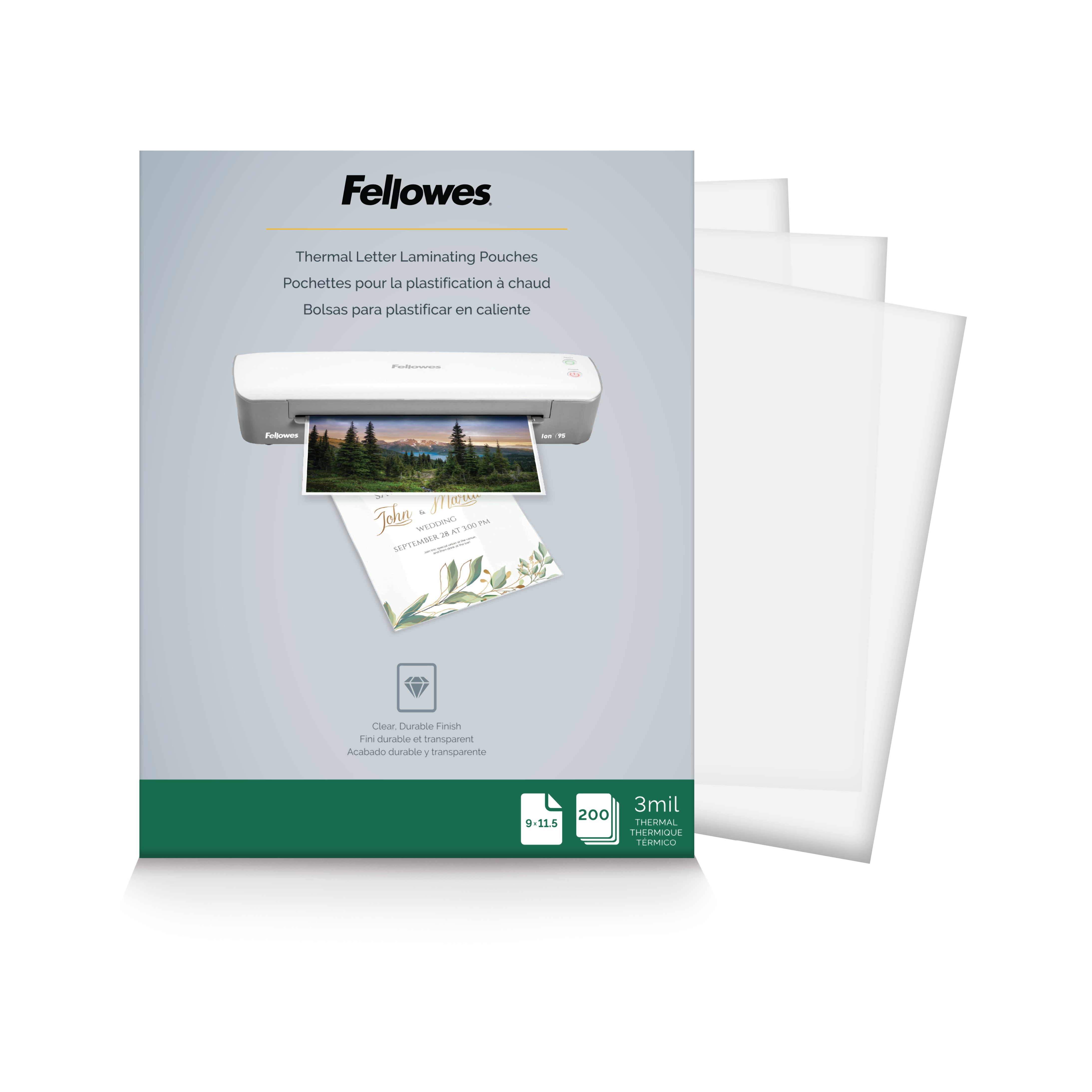 Fellowes Laminating Pouches, 3 Mil, 9" x 11.5", Gloss Clear Plastic, 200 per Pack