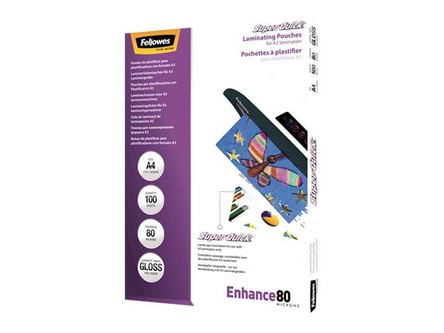 Fellowes Laminating Pouches SuperQuick Enhance 80 micron - 80 micron - 100-pack - glossy - transparent - A4 (8.25 in x 11.7 in) lamination pouches