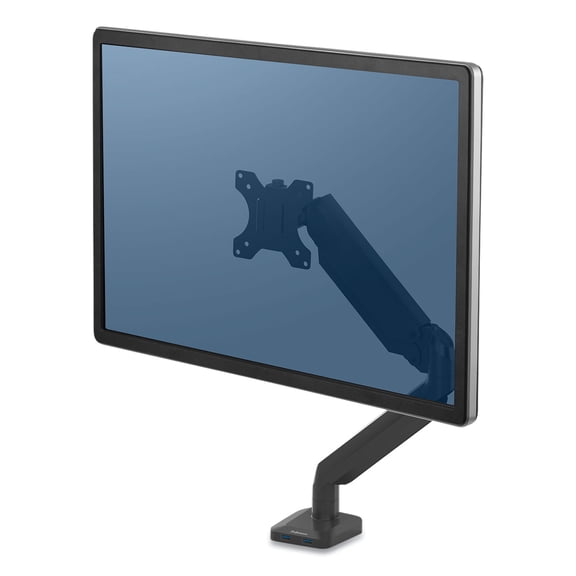 Fellowes Platinum Series Single Monitor Arm, up to 30", up to 20 lbs, Clamp/Grommet, Black -FEL8043301