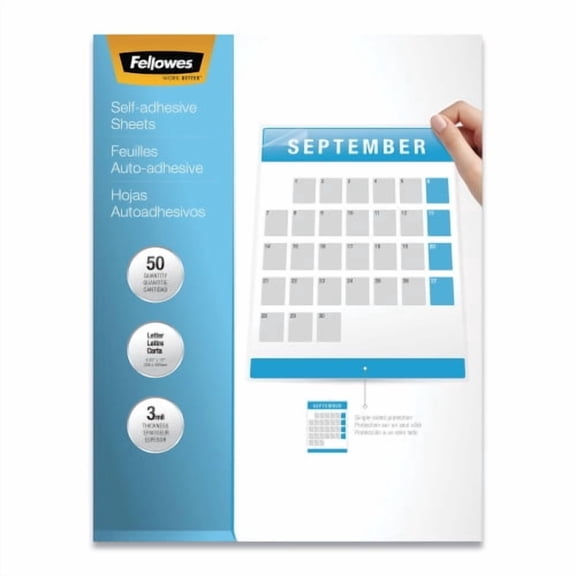 Fellowes Self-Adhesive Laminating Sheets, 3 mil, 9.25" x 12", Gloss Clear, 50/Box