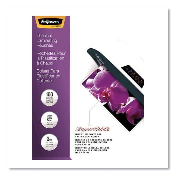 Fellowes SuperQuick Thermal Laminating Pouches, 3 mil, 9" x 11.5", Gloss Clear, 100/Pack, Each