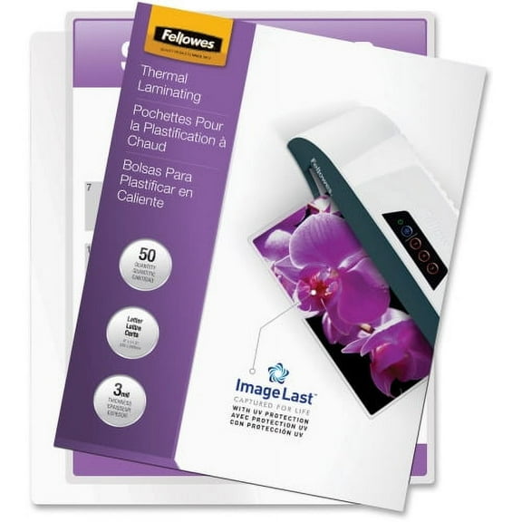 Fellowes Thermal Laminating Pouches - ImageLast, Jam Free, Letter, 3 mil, 50 pack Sheet Size Supported: Letter - Laminating Pouch/Sheet Size: 9" Width x 11.50" Length x 3 mil Thickness - Type G