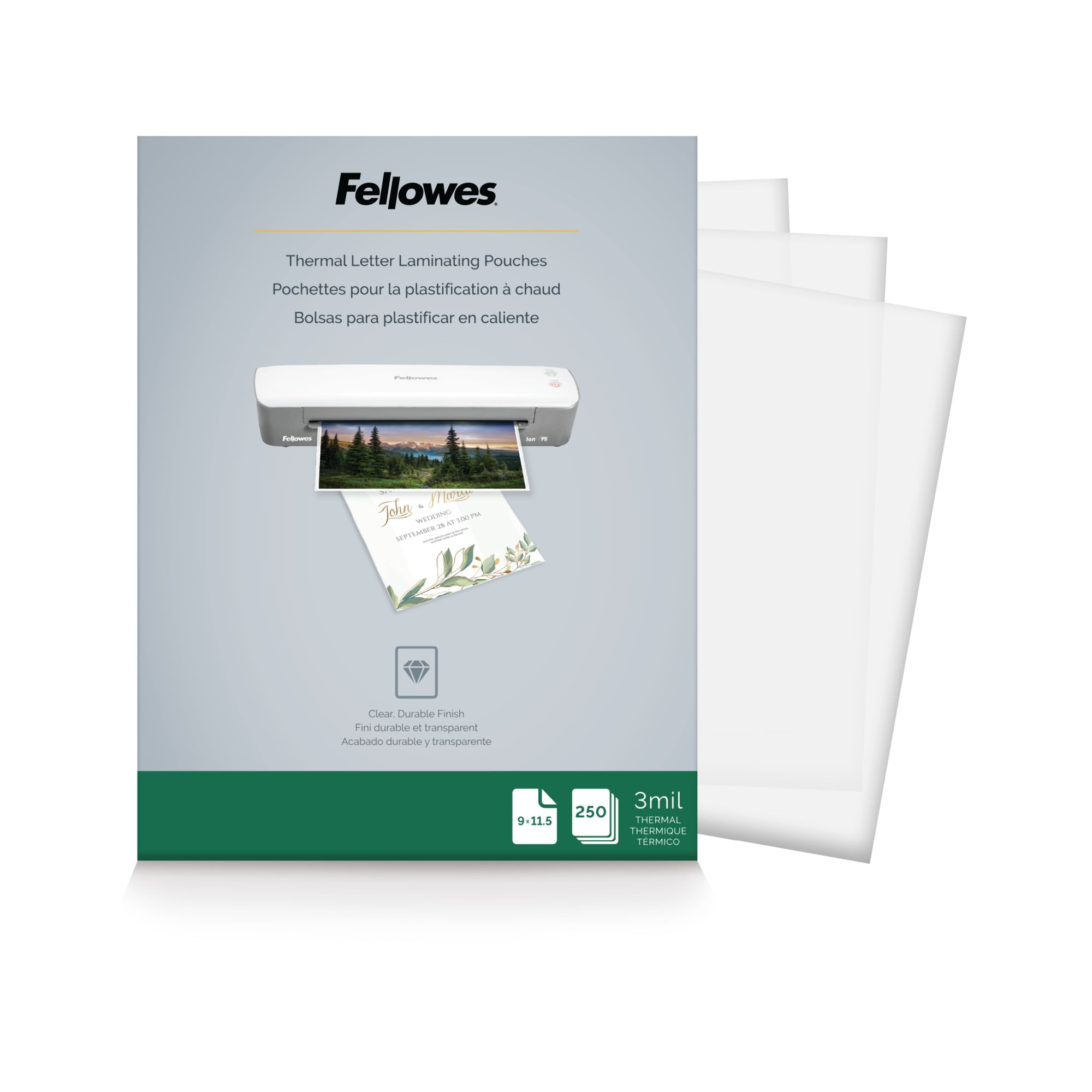 Fellowes Thermal Laminating Pouches, Letter Size, 3 Mil, 9" x 11-1/2", Ultra-Clear, Pack of 250 Pouches