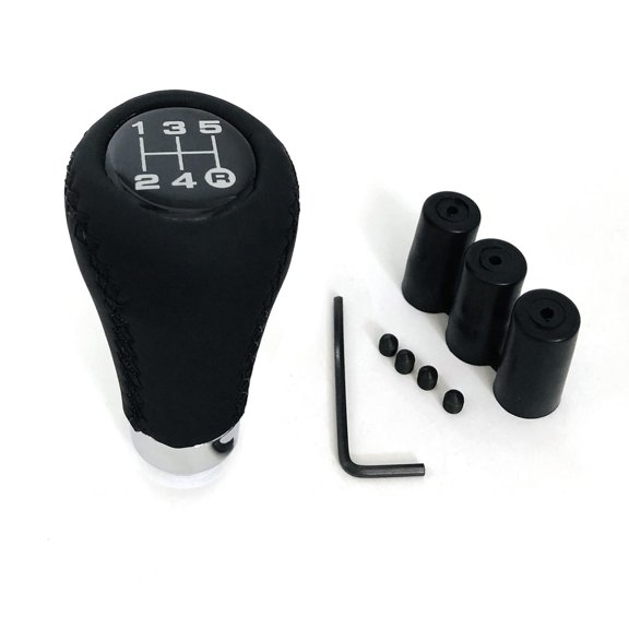 Felmuzaro 5 Speed Manual Gear Shift Knob Shifter Black Leather with Red Stitching Universal Fit with 3 Adapters 8mm 10mm 12mm