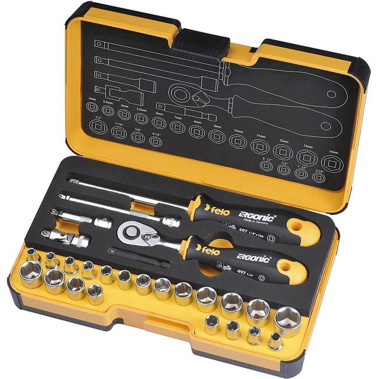 Felo R-GO XL 36 Piece Metric Socket & Bit Set With Ergonomic Ratchet - Made In Germany, 15 Year Warranty